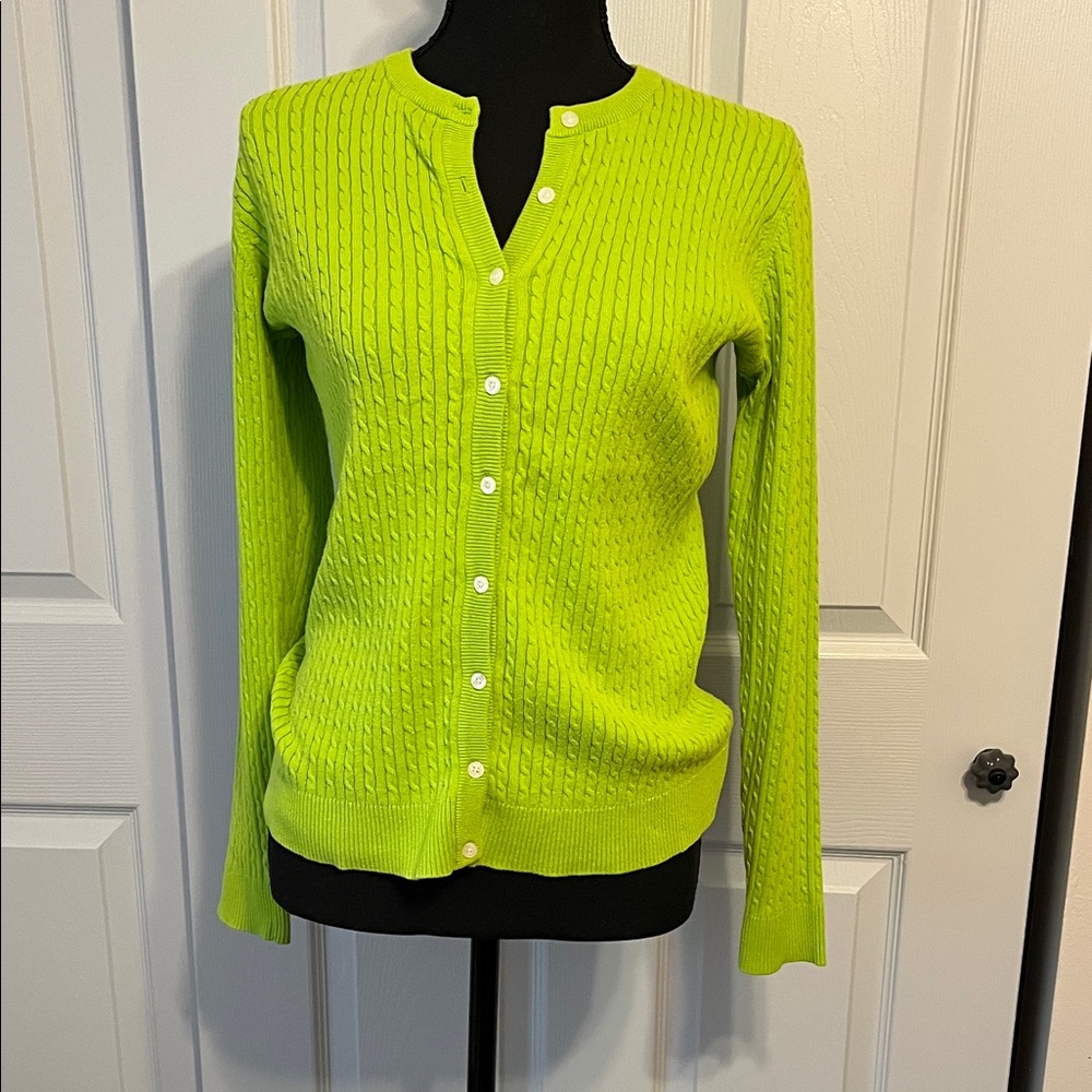 Women’s Neon Green Cable Knit Button-Front Sweater